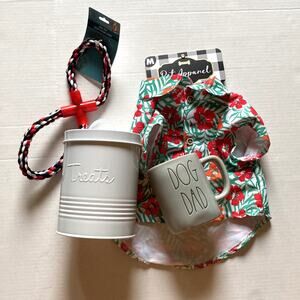 Rae Dunn mug, dog Hawaiian shirt, dog toy and dog treat can assortment